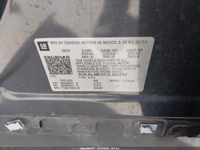 44593567 :رقم المزاد ، 3GKALMEV7JL347793 vin ، 2018 Gmc Terrain Sle مزاد بيع