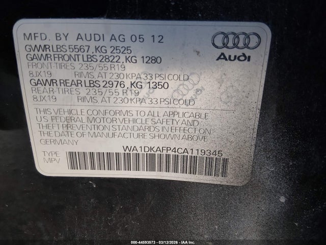 Aukcja sprzedaży 2012 Audi Q5 3.2 Premium Plus, vin: WA1DKAFP4CA119345, numer aukcji: 44593573