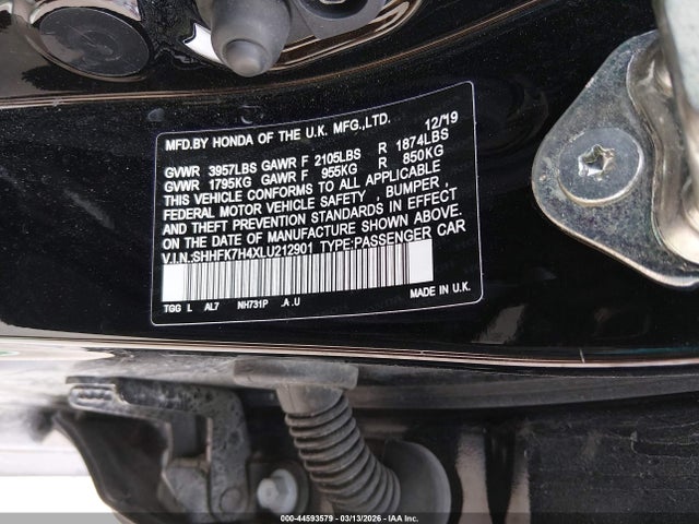 2020 Honda Civic Sport მანქანა იყიდება აუქციონზე, vin: SHHFK7H4XLU212901, აუქციონის ნომერი: 44593579