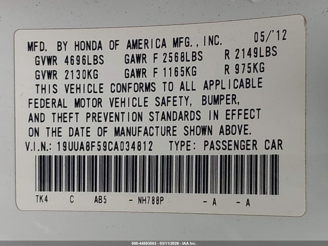 2012 Acura Tl 3.5 მანქანა იყიდება აუქციონზე, vin: 19UUA8F59CA034812, აუქციონის ნომერი: 44593583