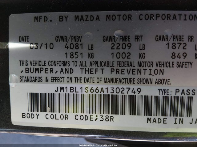2010 Mazda Mazda3 S Grand Touring მანქანა იყიდება აუქციონზე, vin: JM1BL1S66A1302749, აუქციონის ნომერი: 44593582