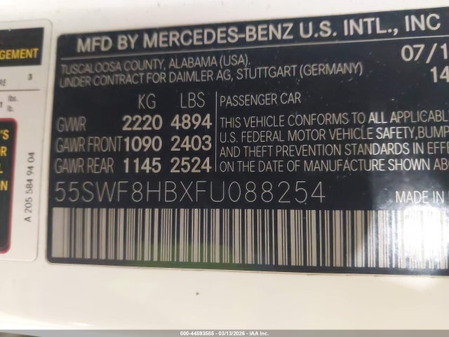 Aukcja sprzedaży 2015 Mercedes-benz C 63 Amg S, vin: 55SWF8HBXFU088254, numer aukcji: 44593585