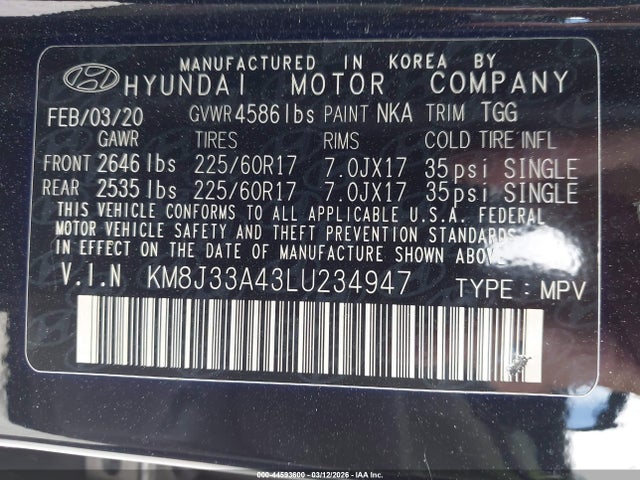Продажа на аукционе авто 2020 Hyundai Tucson Value, vin: KM8J33A43LU234947, номер лота: 44593600