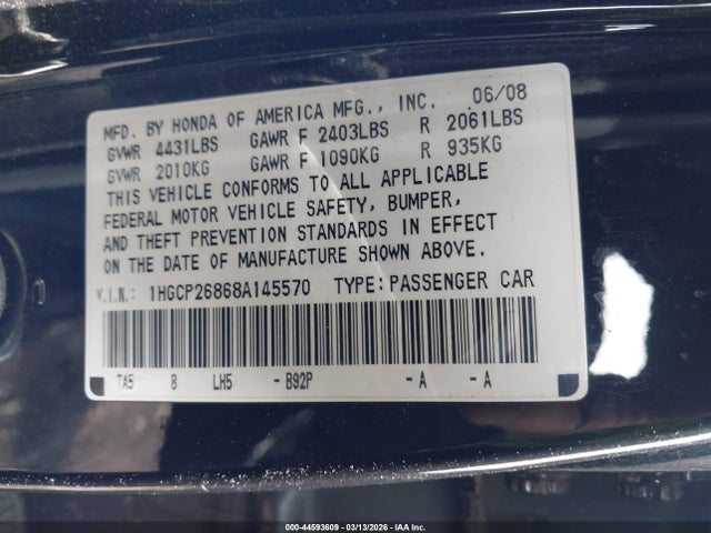 2008 Honda Accord 2.4 Ex-l მანქანა იყიდება აუქციონზე, vin: 1HGCP26868A145570, აუქციონის ნომერი: 44593609