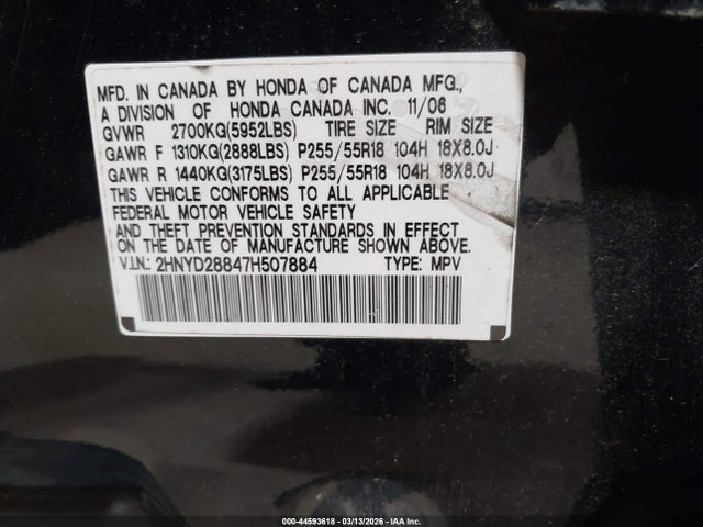 44593618 :رقم المزاد ، 2HNYD28847H507884 vin ، 2007 Acura Mdx Sport Package مزاد بيع