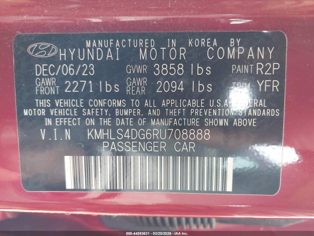 Продажа на аукционе авто 2024 Hyundai Elantra Sel, vin: KMHLS4DG6RU708888, номер лота: 44593631