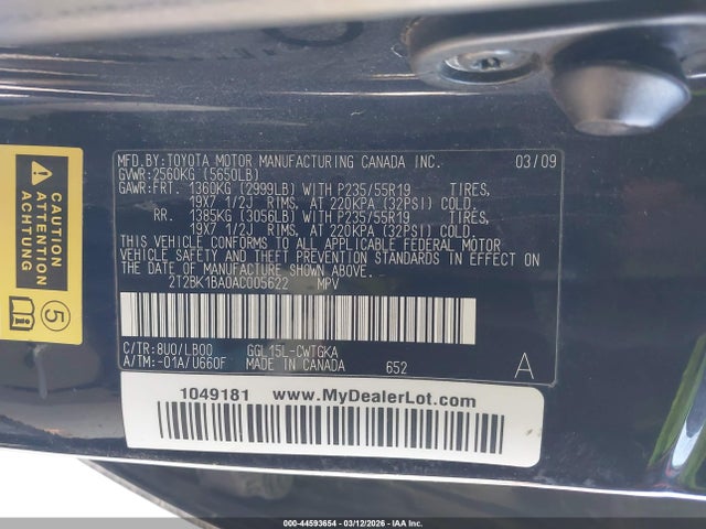 44593654 :رقم المزاد ، 2T2BK1BA0AC005622 vin ، 2010 Lexus Rx 350 مزاد بيع