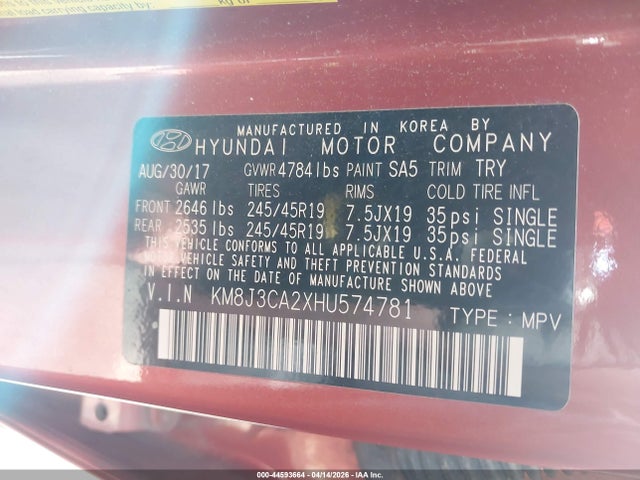 Продажа на аукционе авто 2017 Hyundai Tucson Value, vin: KM8J3CA2XHU574781, номер лота: 44593664