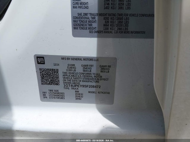 44593675 :رقم المزاد ، 1GT4UPEY9SF208472 vin ، 2025 Gmc Sierra 2500hd 4wd  Standard Bed At4 مزاد بيع