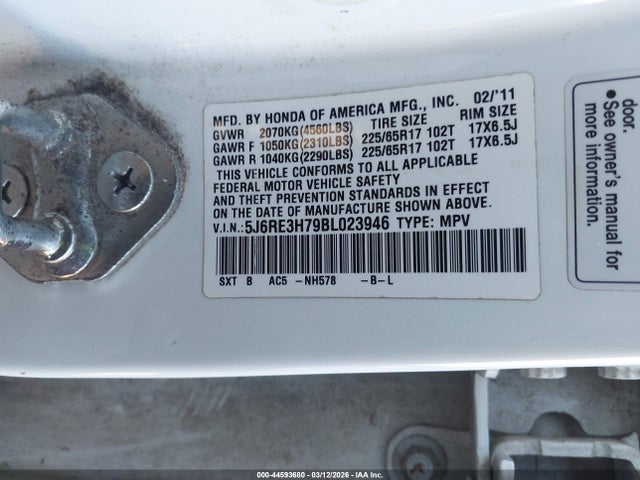 Продаж на аукціоні авто 2011 Honda Cr-v Ex-l, vin: 5J6RE3H79BL023946, номер лоту: 44593680
