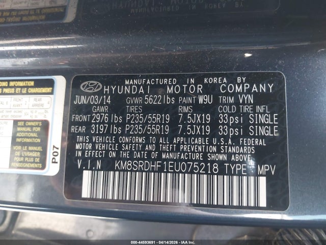 Aukcja sprzedaży 2014 Hyundai Santa Fe Limited, vin: KM8SRDHF1EU075218, numer aukcji: 44593691