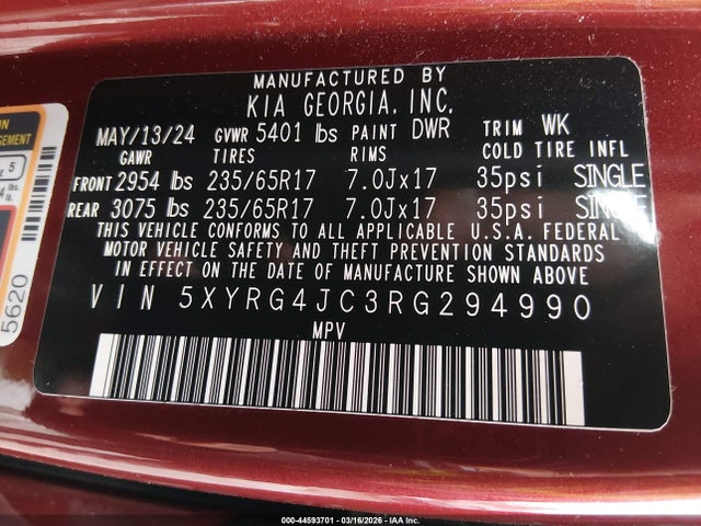 Продаж на аукціоні авто 2024 Kia Sorento Lx, vin: 5XYRG4JC3RG294990, номер лоту: 44593701
