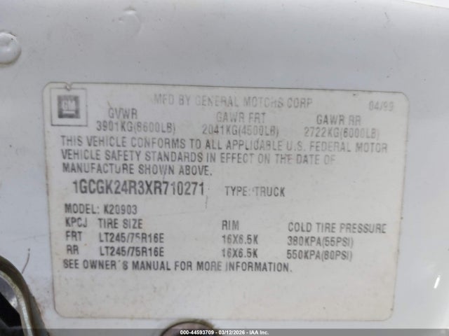Aukcja sprzedaży 1999 Chevrolet K2500, vin: 1GCGK24R3XR710271, numer aukcji: 44593709