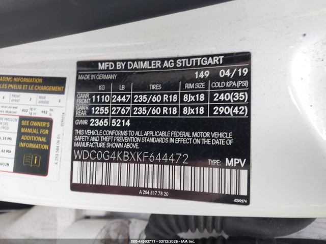 44593711 :رقم المزاد ، WDC0G4KBXKF644472 vin ، 2019 Mercedes-benz Glc 300 4matic مزاد بيع