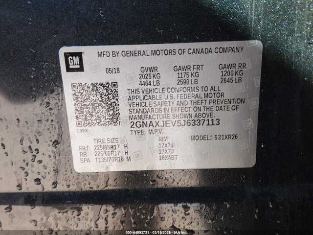 2018 Chevrolet Equinox Lt მანქანა იყიდება აუქციონზე, vin: 2GNAXJEV5J6337113, აუქციონის ნომერი: 44593731
