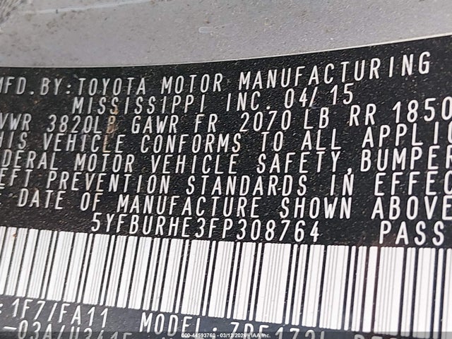 44593760 :رقم المزاد ، 5YFBURHE3FP308764 vin ، 2015 Toyota Corolla L مزاد بيع