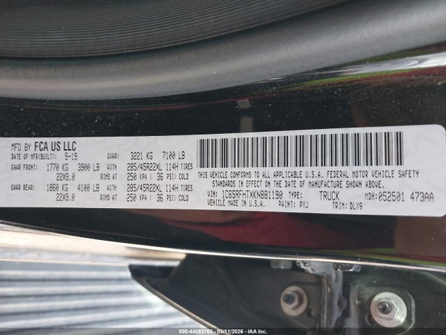 Продаж на аукціоні авто 2019 Ram 1500 Limited  4x4 5'7 Box, vin: 1C6SRFHTXKN881190, номер лоту: 44593763
