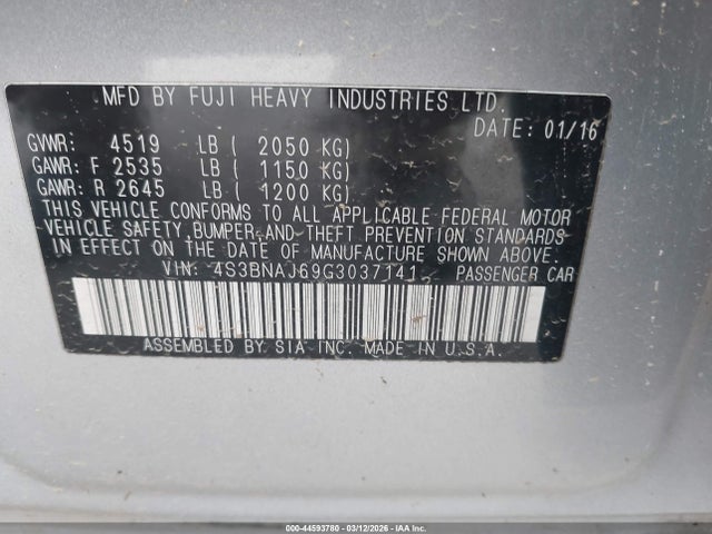 44593780 :رقم المزاد ، 4S3BNAJ69G3037141 vin ، 2016 Subaru Legacy 2.5i Limited مزاد بيع