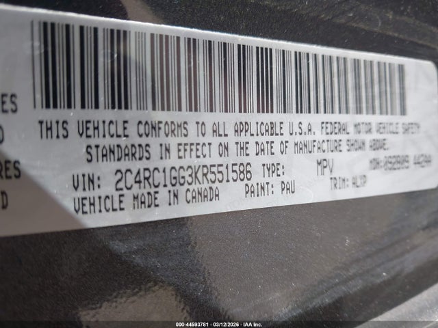 Aukcja sprzedaży 2019 Chrysler Pacifica Limited, vin: 2C4RC1GG3KR551586, numer aukcji: 44593781