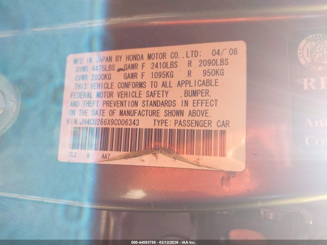 44593785 :رقم المزاد ، JH4CU266X9C006343 vin ، 2009 Acura Tsx مزاد بيع
