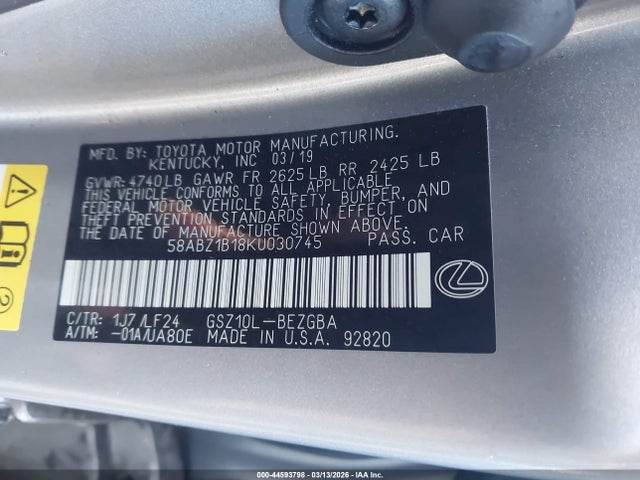 Aukcja sprzedaży 2019 Lexus Es 350 F Sport, vin: 58ABZ1B18KU030745, numer aukcji: 44593798