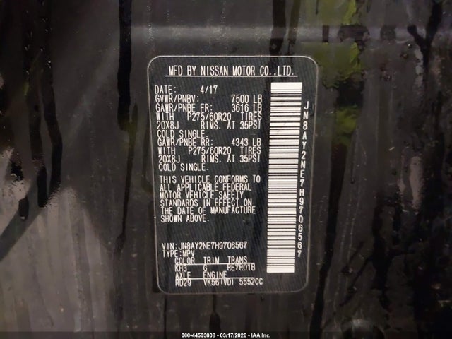 44593808 :رقم المزاد ، JN8AY2NE7H9706567 vin ، 2017 Nissan Armada Platinum مزاد بيع
