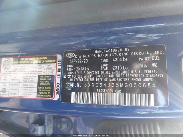 Aukcja sprzedaży 2021 Kia K5 Gt-line, vin: 5XXG64J25MG030684, numer aukcji: 44593809