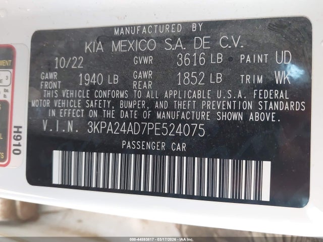 2023 Kia Rio S მანქანა იყიდება აუქციონზე, vin: 3KPA24AD7PE524075, აუქციონის ნომერი: 44593817