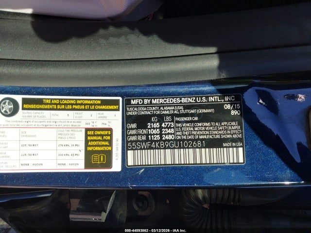 44593862 :رقم المزاد ، 55SWF4KB9GU102681 vin ، 2016 Mercedes-benz C 300 4matic مزاد بيع