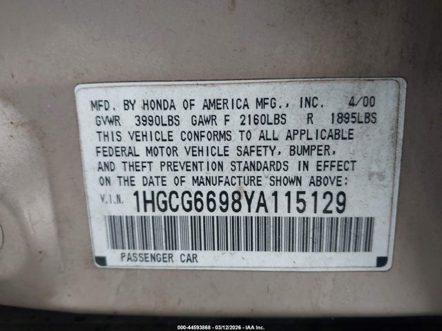 2000 HONDA ACCORD 1HGCG6698YA115129 Photo 8