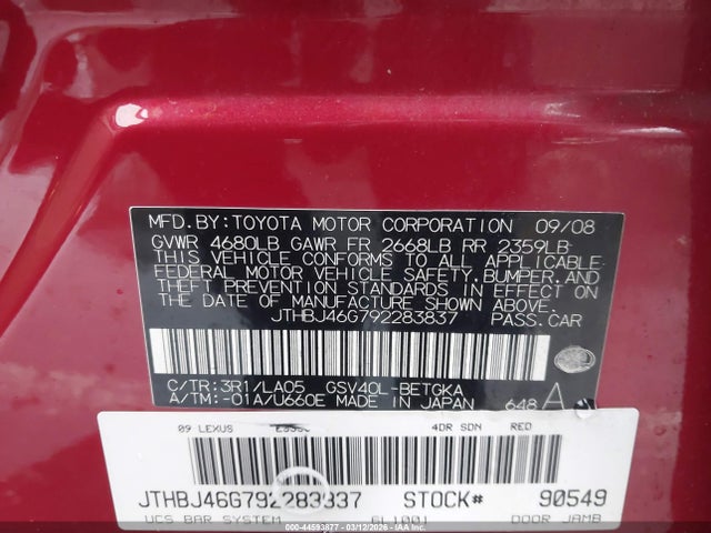 44593877 :رقم المزاد ، JTHBJ46G792283837 vin ، 2009 Lexus Es 350 مزاد بيع