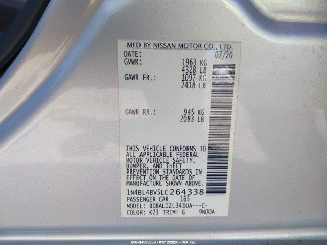 44593888 :رقم المزاد ، 1N4BL4BV5LC264338 vin ، 2020 Nissan Altima S Fwd مزاد بيع