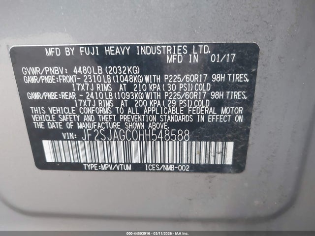 Продаж на аукціоні авто 2017 Subaru Forester 2.5i Premium, vin: JF2SJAGC0HH548588, номер лоту: 44593916