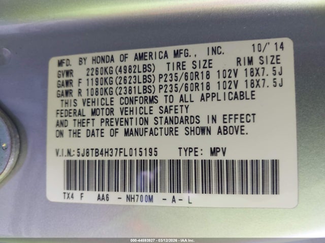 Продаж на аукціоні авто 2015 Acura Rdx, vin: 5J8TB4H37FL015195, номер лоту: 44593927