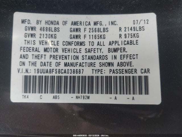 2012 Acura Tl 3.5 მანქანა იყიდება აუქციონზე, vin: 19UUA8F58CA038687, აუქციონის ნომერი: 44593935