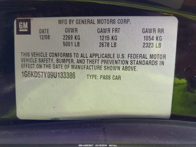 44593937 :رقم المزاد ، 1G6KD57Y09U133386 vin ، 2009 Cadillac Dts 1sa مزاد بيع