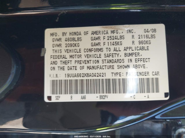 Aukcja sprzedaży 2008 Acura Tl 3.2, vin: 19UUA662X8A042421, numer aukcji: 44593943