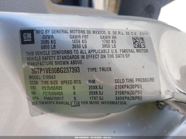 44593945 :رقم المزاد ، 3GTP1VE00BG237393 vin ، 2011 Gmc Sierra 1500 Sle مزاد بيع