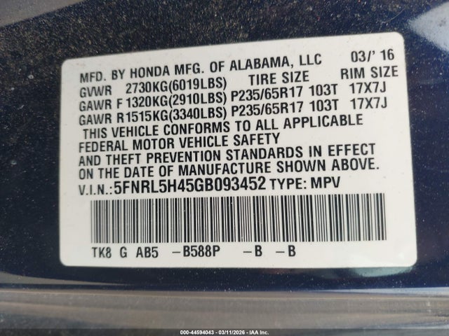 Honda ODYSSEY EX 2016 5FNRL5H45GB093452 Image 9