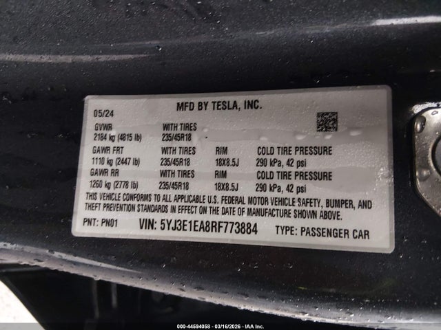 Продажа на аукционе авто 2024 Tesla Model 3 Long Range Dual Motor All-wheel Drive/rear-wheel Drive, vin: 5YJ3E1EA8RF773884, номер лота: 44594058