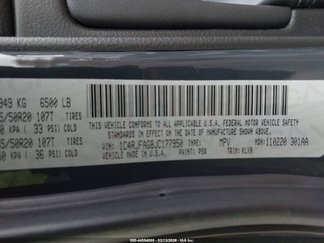 Aukcja sprzedaży 2018 Jeep Grand Cherokee Altitude 4x4, vin: 1C4RJFAG8JC177950, numer aukcji: 44594088