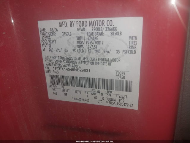 Продажа на аукционе авто 2006 Ford F-150 Fx4/lariat/xl/xlt, vin: 1FTPX14546NB29831, номер лота: 44594102