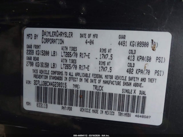 44594112 :رقم المزاد ، 3D7LU38CX4G230315 vin ، 2004 Dodge Ram 3500 Slt/laramie مزاد بيع