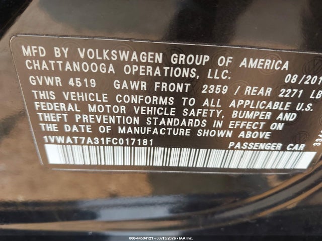 Aukcja sprzedaży 2015 Volkswagen Passat 1.8t S, vin: 1VWAT7A31FC017181, numer aukcji: 44594121