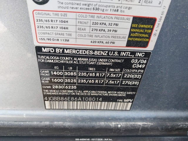 2006 Mercedes-benz Ml 350 4matic მანქანა იყიდება აუქციონზე, vin: 4JGBB86E86A108014, აუქციონის ნომერი: 44594148