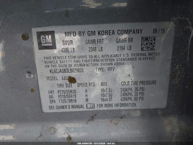 44594159 :رقم المزاد ، KL4CJASB3LB029820 vin ، 2020 Buick Encore Fwd Preferred مزاد بيع