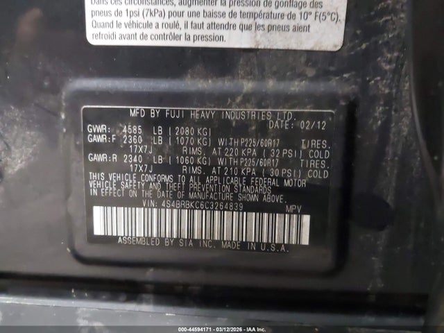 Продажа на аукционе авто 2012 Subaru Outback 2.5i Limited, vin: 4S4BRBKC6C3264839, номер лота: 44594171