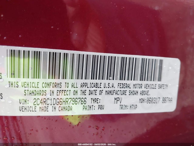44594182 :رقم المزاد ، 2C4RC1DG6HR796766 vin ، 2017 Chrysler Pacifica Touring مزاد بيع