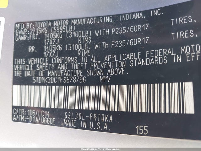 5TDYK3DC1FS678796 Toyota Sienna Xle Premium 8 Passenger