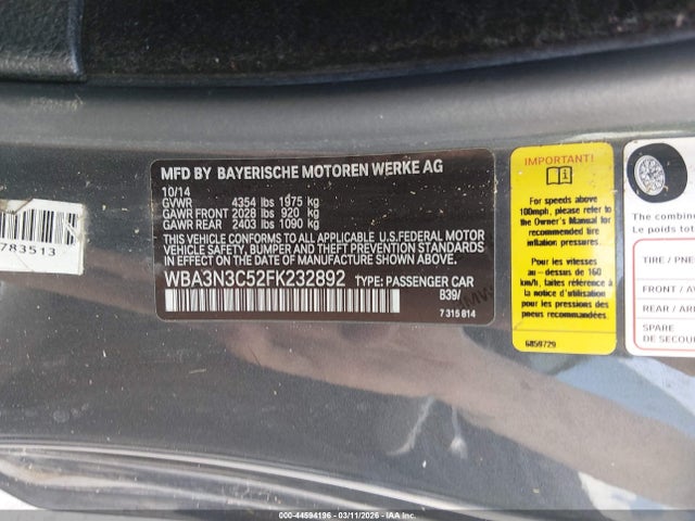 Aukcja sprzedaży 2015 Bmw 428i, vin: WBA3N3C52FK232892, numer aukcji: 44594196